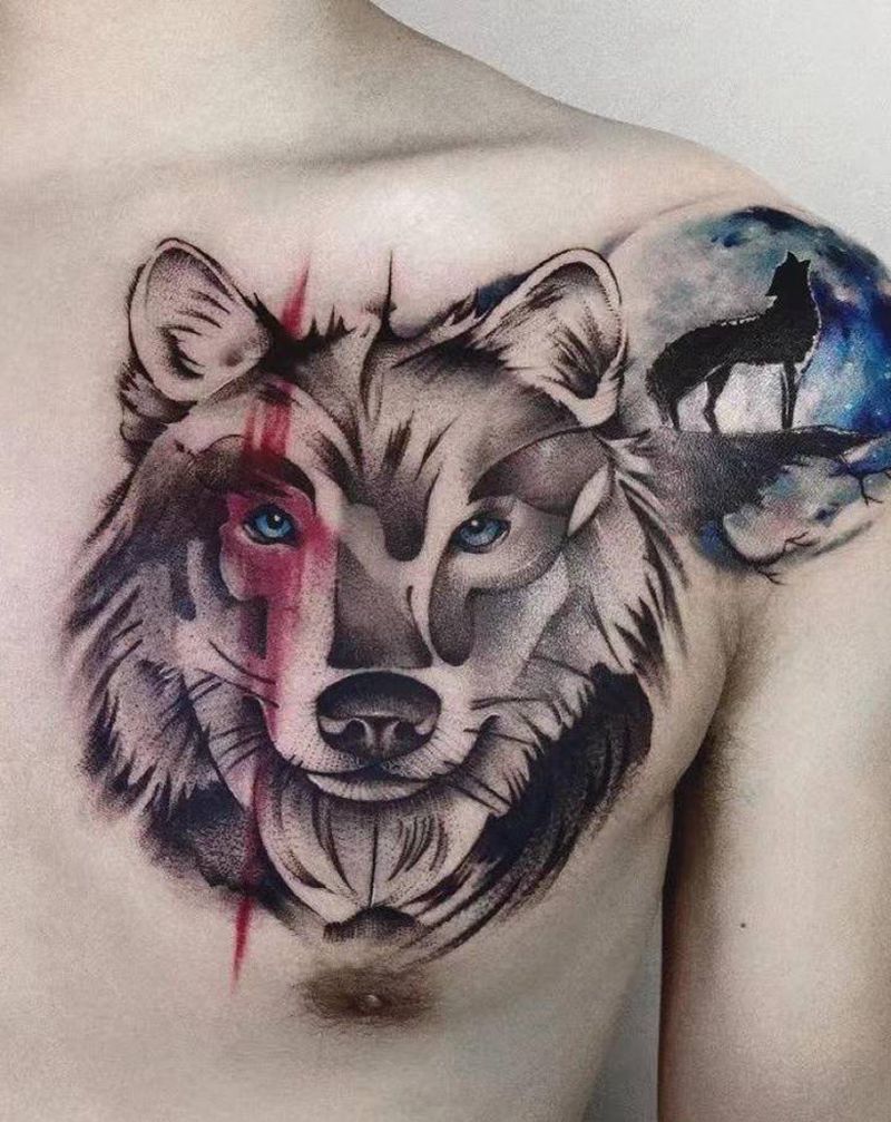 狼道纹身图片_胸部欧美写实水墨狼纹身图案