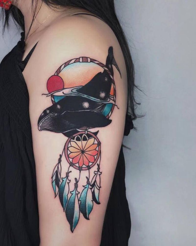 鲸梦纹身图片_手臂Old School鲸鱼捕梦网纹身图案