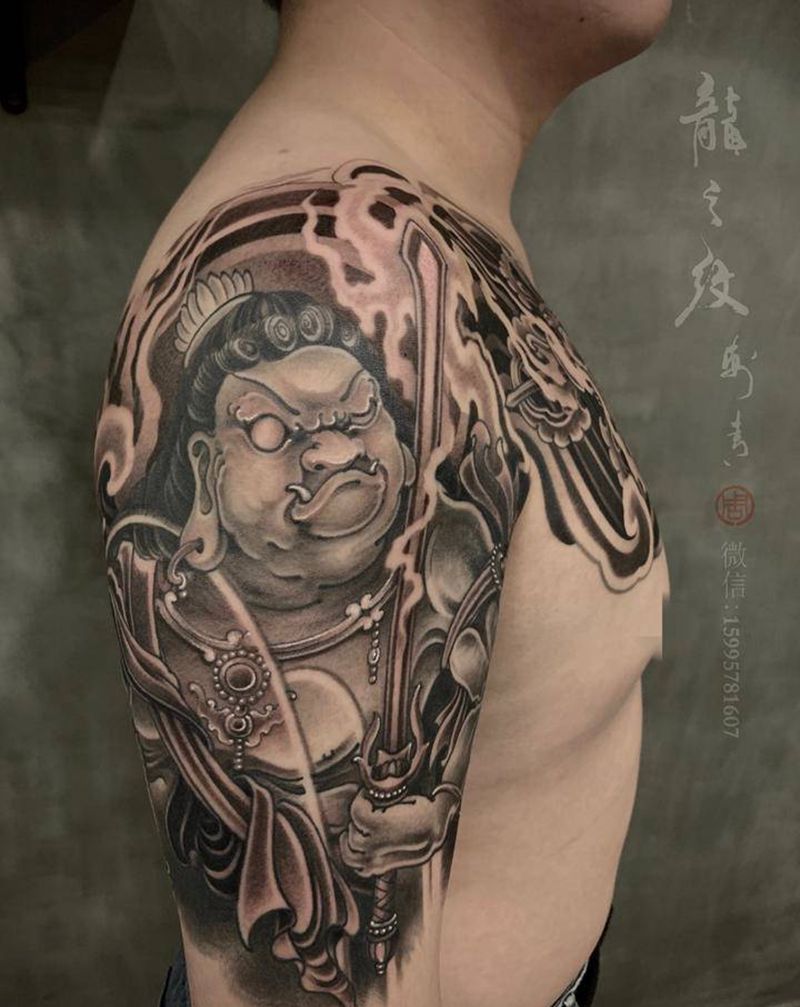 不动明王纹身图片_胸部手臂新传统金刚杵不动明王火焰纹身图案