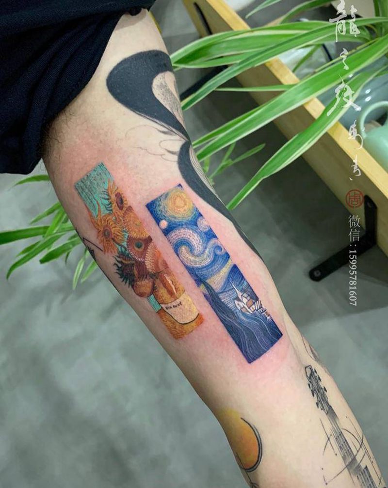 向日葵&星空纹身图片_手臂水彩梵高纹身图案