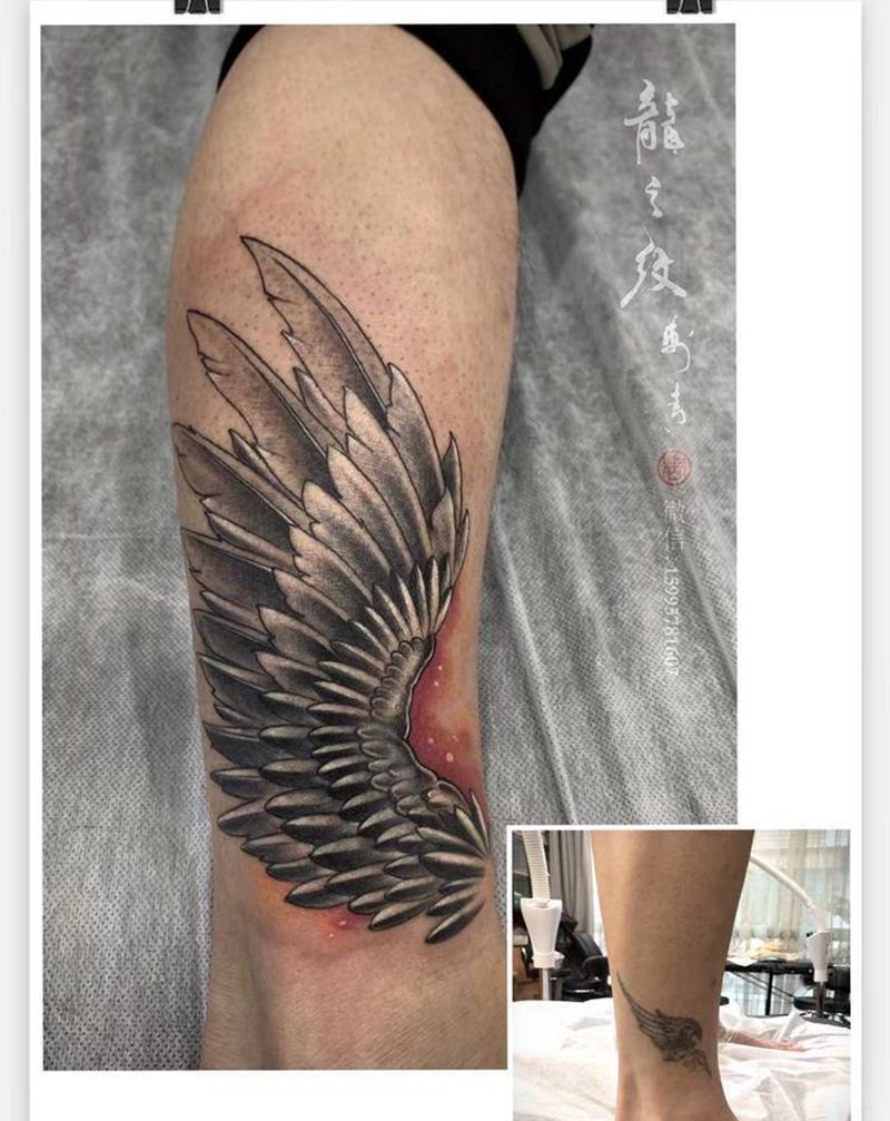 翅膀遮盖纹身图片_脚部水彩翅膀纹身图案