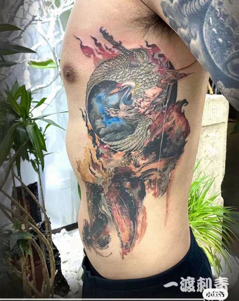 东王公纹身图片_腰部水彩纹身图案