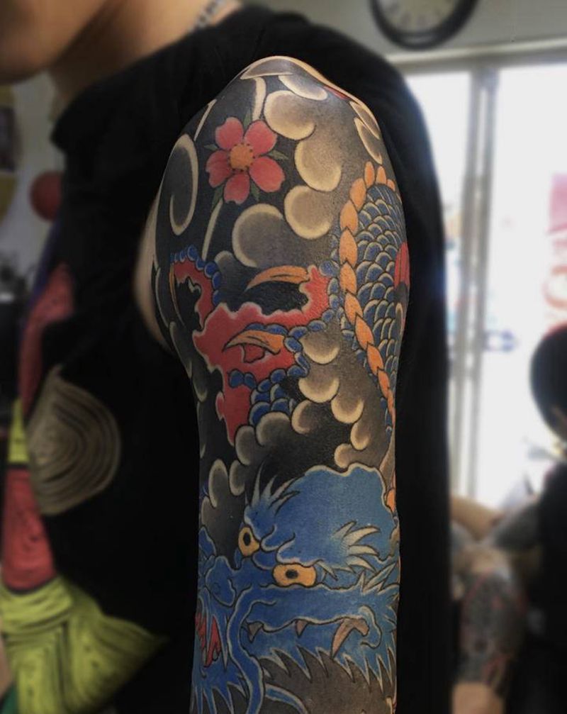 日式龙纹身图片_手臂背部老传统纹身图案