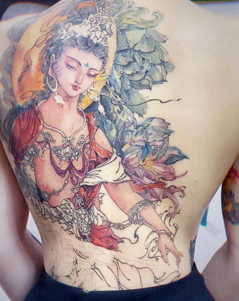 伎乐水彩飞天纹身图片_背部水彩水墨纹身图案