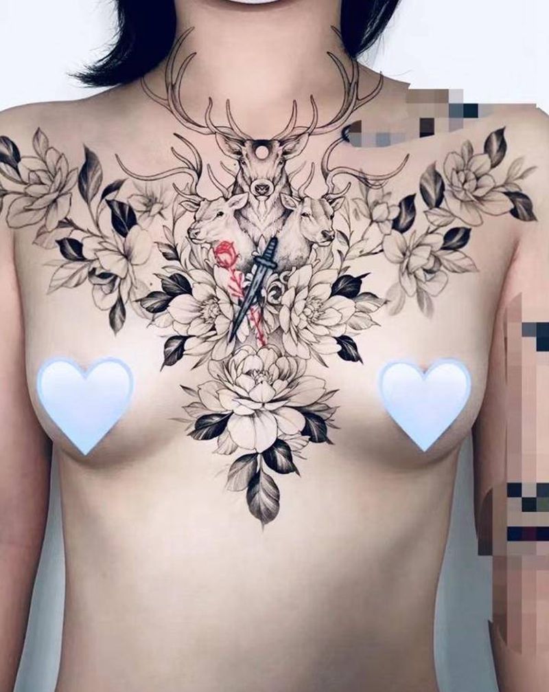 素花花胸纹身图片_胸部小清新纹身图案