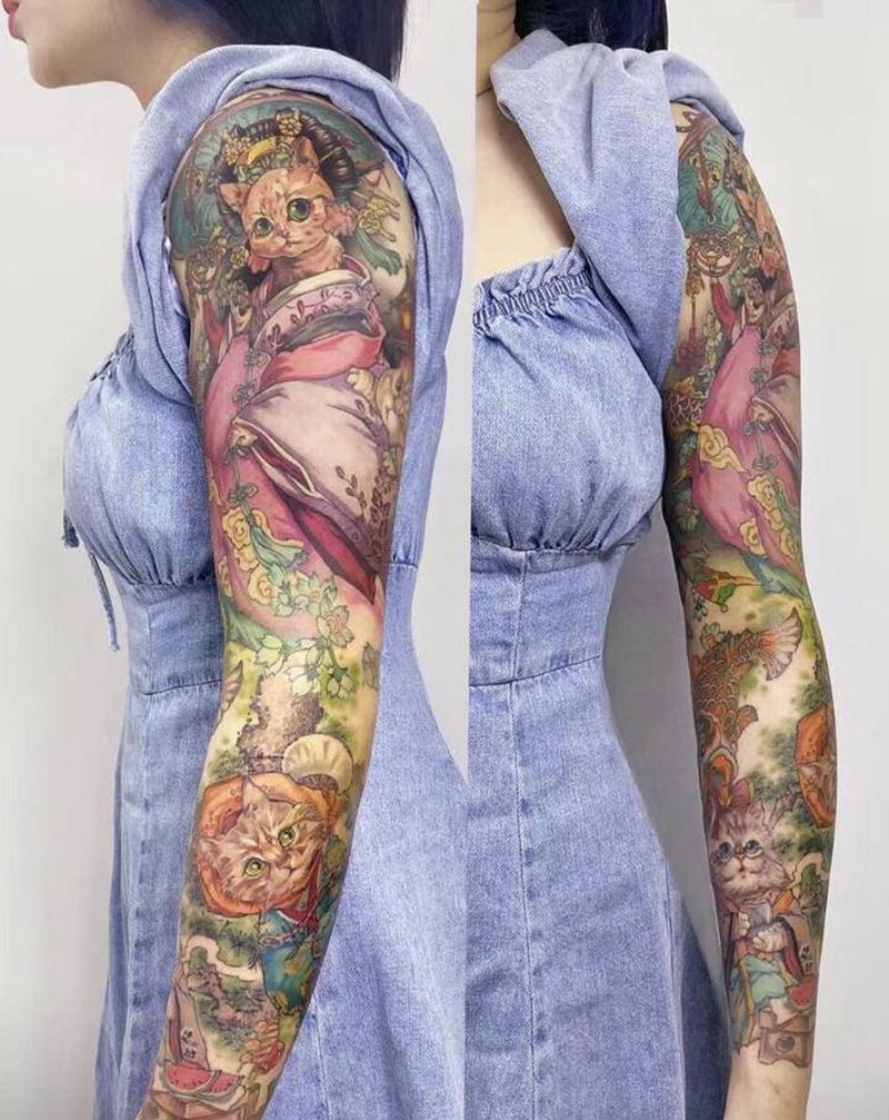 喵星人和水彩花臂纹身图片_手臂水彩水墨纹身图案