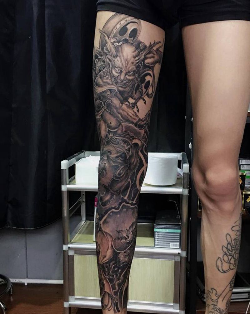 风神、雷神纹身图片_腿部新传统纹身图案