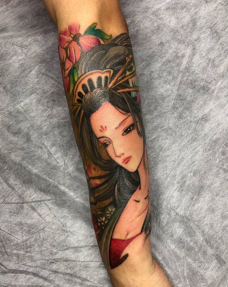 艺妓纹身图片_手臂新传统纹身图案