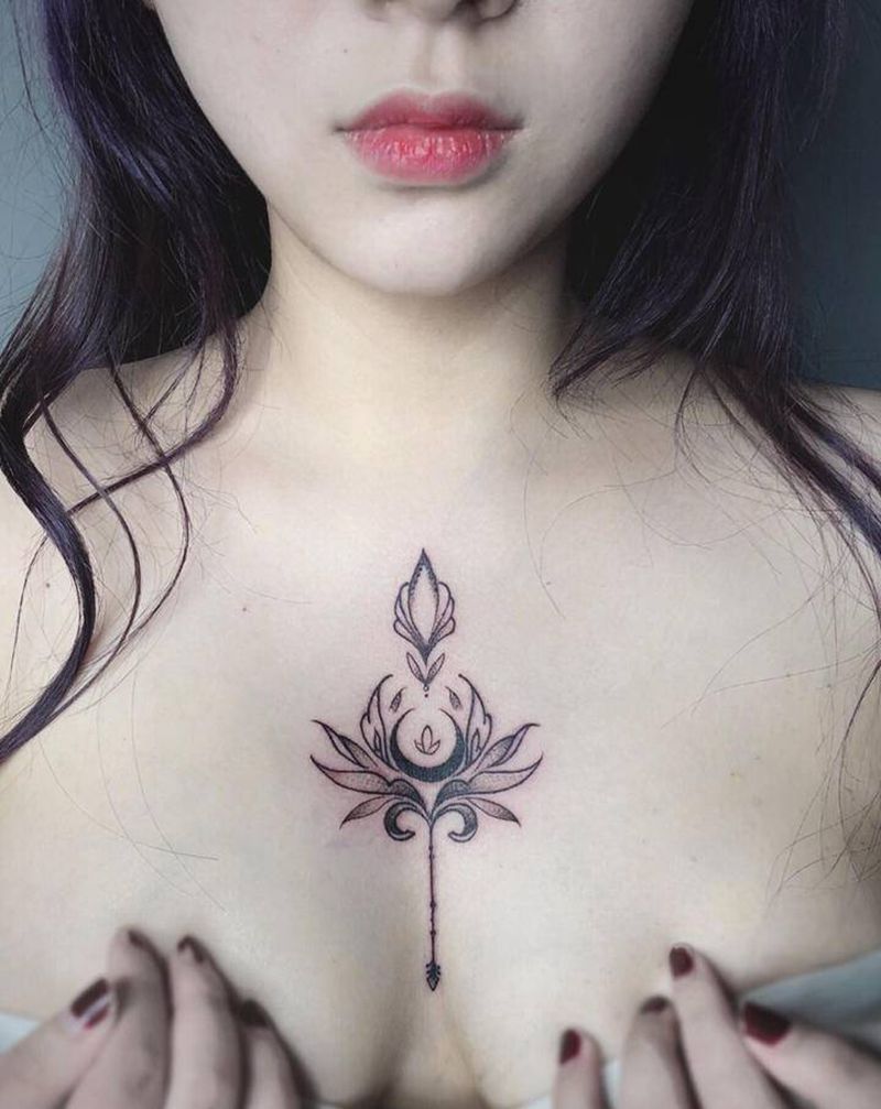 一抹莲纹身图片_胸部纹身图案