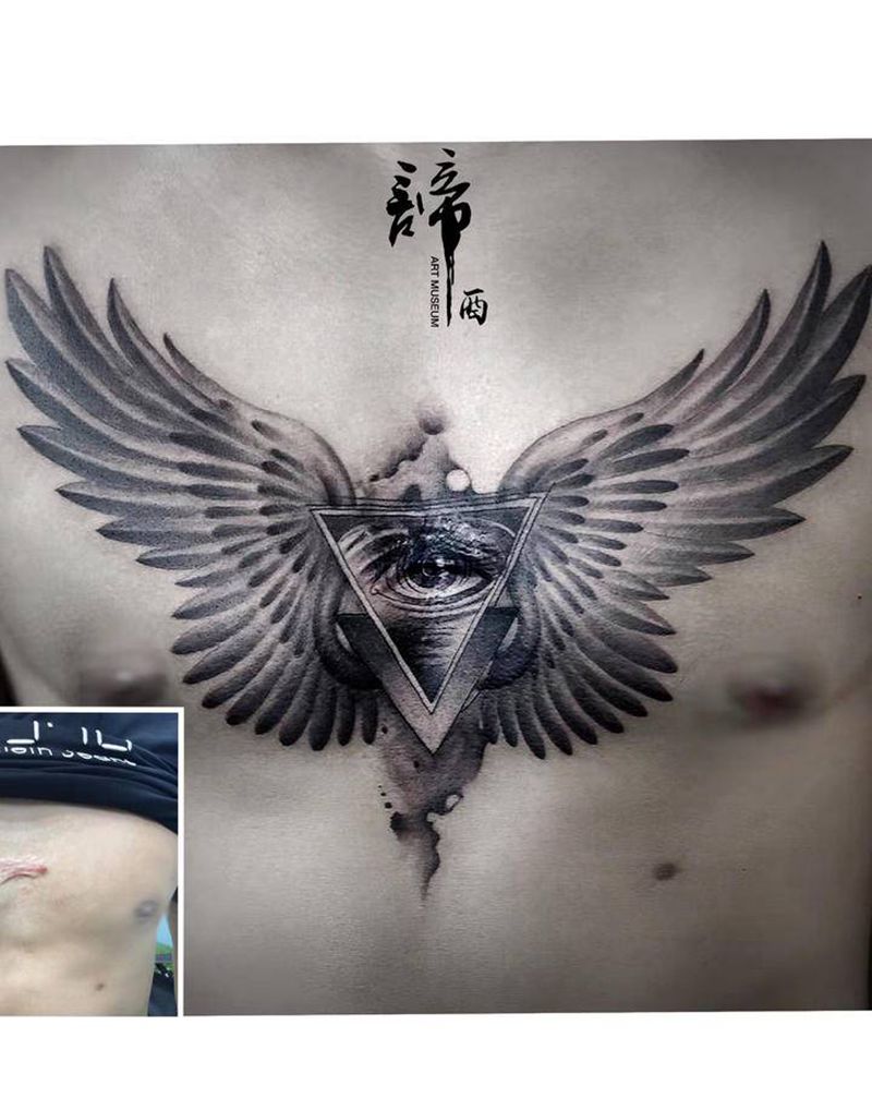 胸口遮盖纹身图片_胸部欧美写实纹身图案