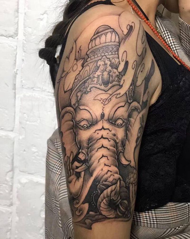 传统象神纹身图片_手臂新传统纹身图案
