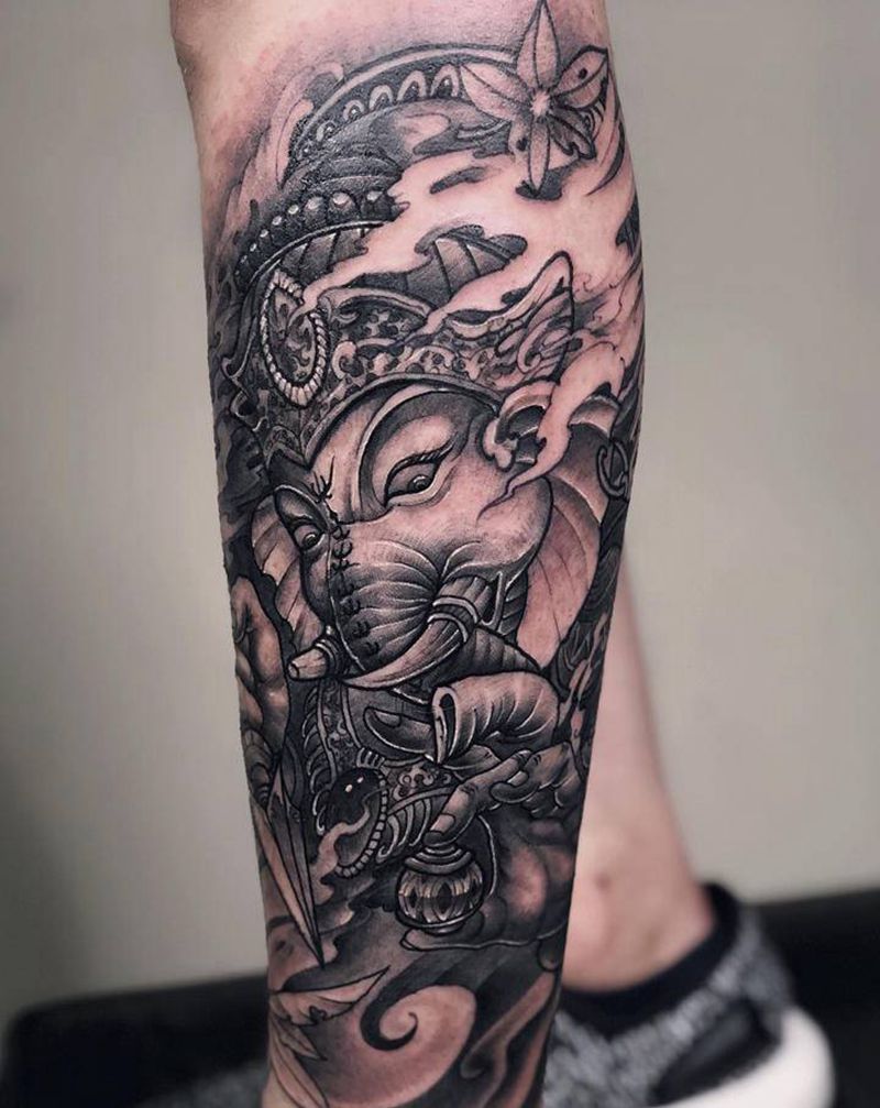 象神纹身图片_腿部新传统纹身图案