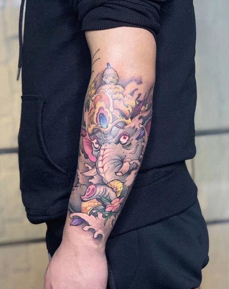 新传统象神纹身图片_手臂新传统纹身图案