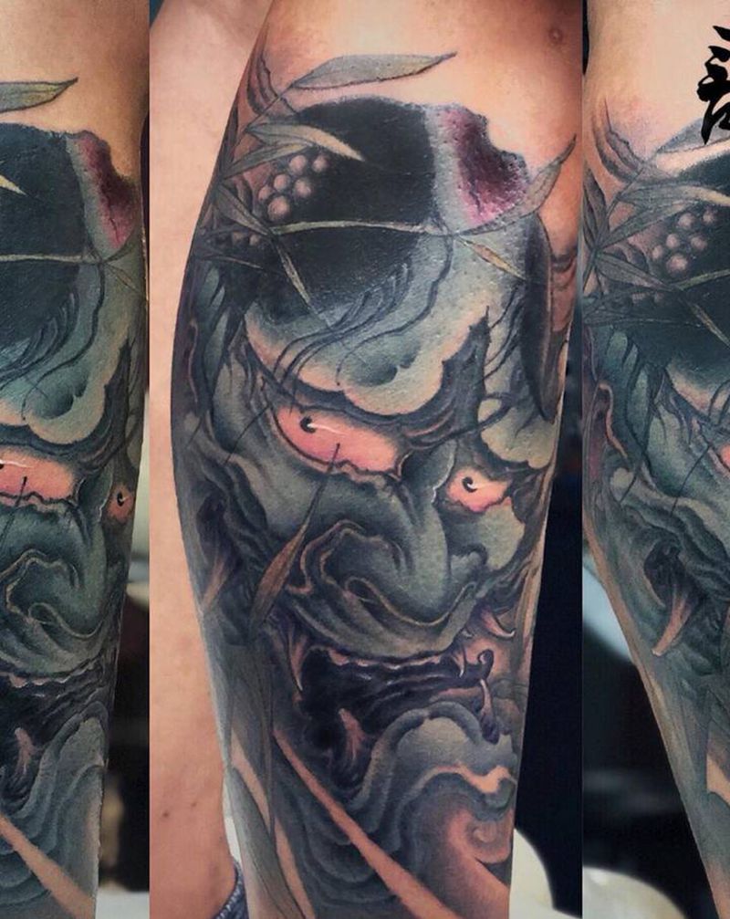 小腿传统般若刺青———