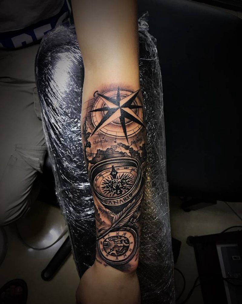 指南针地图纹身图片_手臂纹身图案