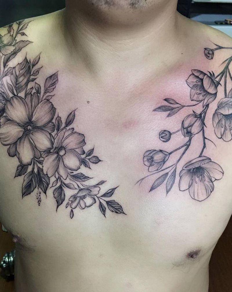 素花纹身图片_胸部纹身图案