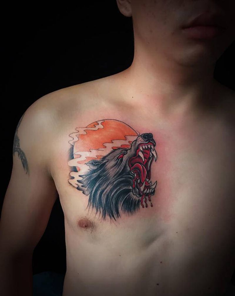 狼头纹身图片_胸部纹身图案