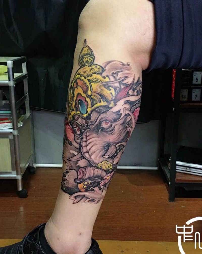 象神纹身图片_腿部纹身图案