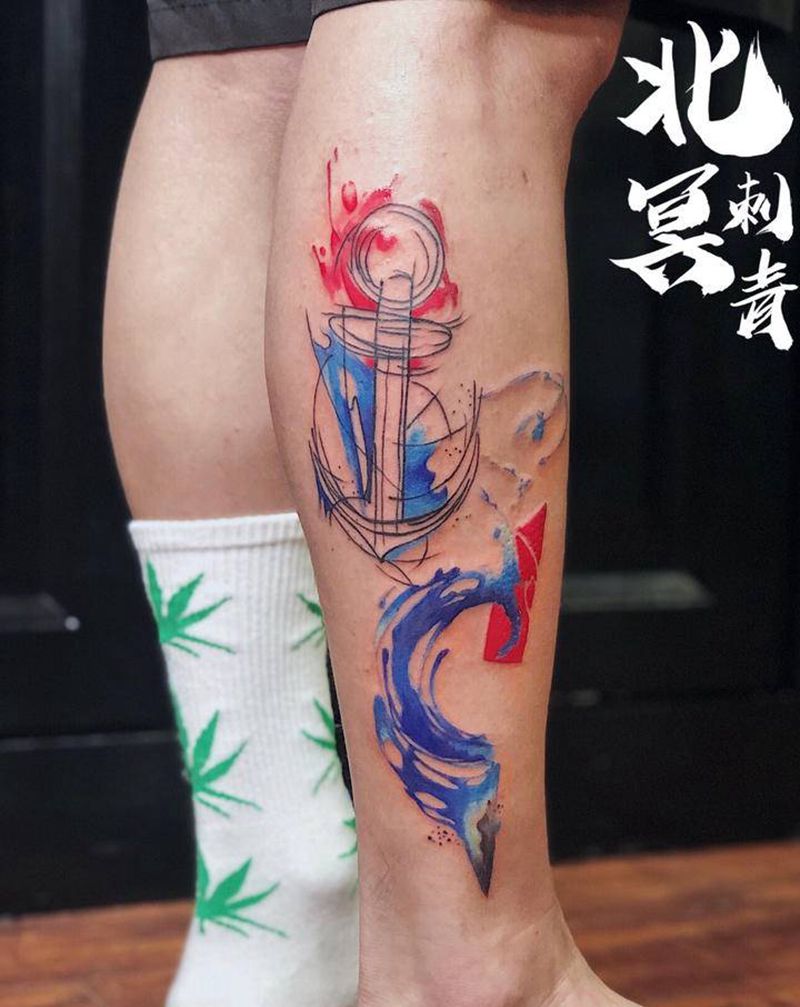 船锚海浪纹身图片_腿部水彩纹身图案