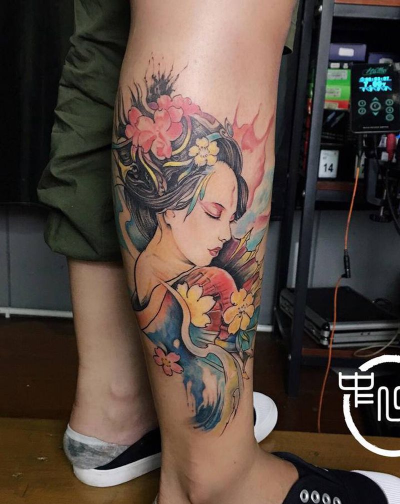 水墨艺妓纹身图片_腿部纹身图案
