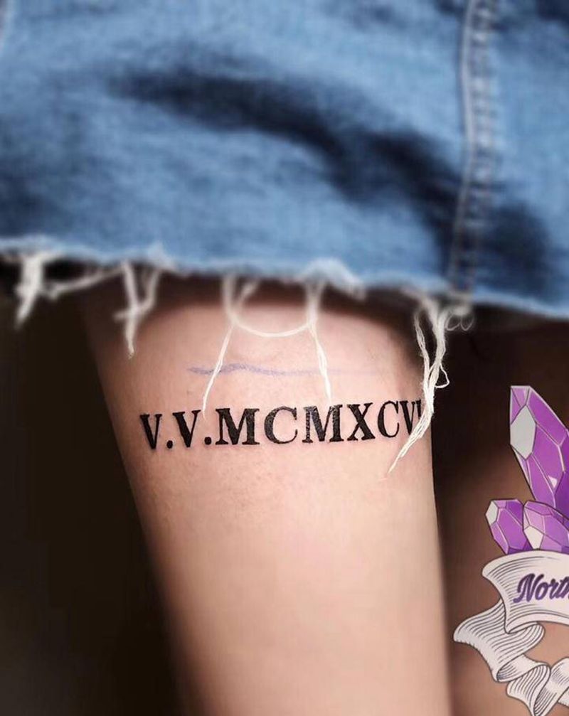 罗马数字纹身图片_腿部花体字纹身图案