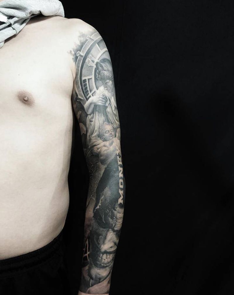 圣母小丑，纹身图片_手臂欧美写实纹身图案