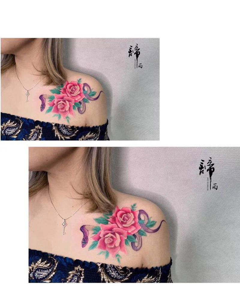 玫瑰与蛇纹身图片_肩部New School纹身图案