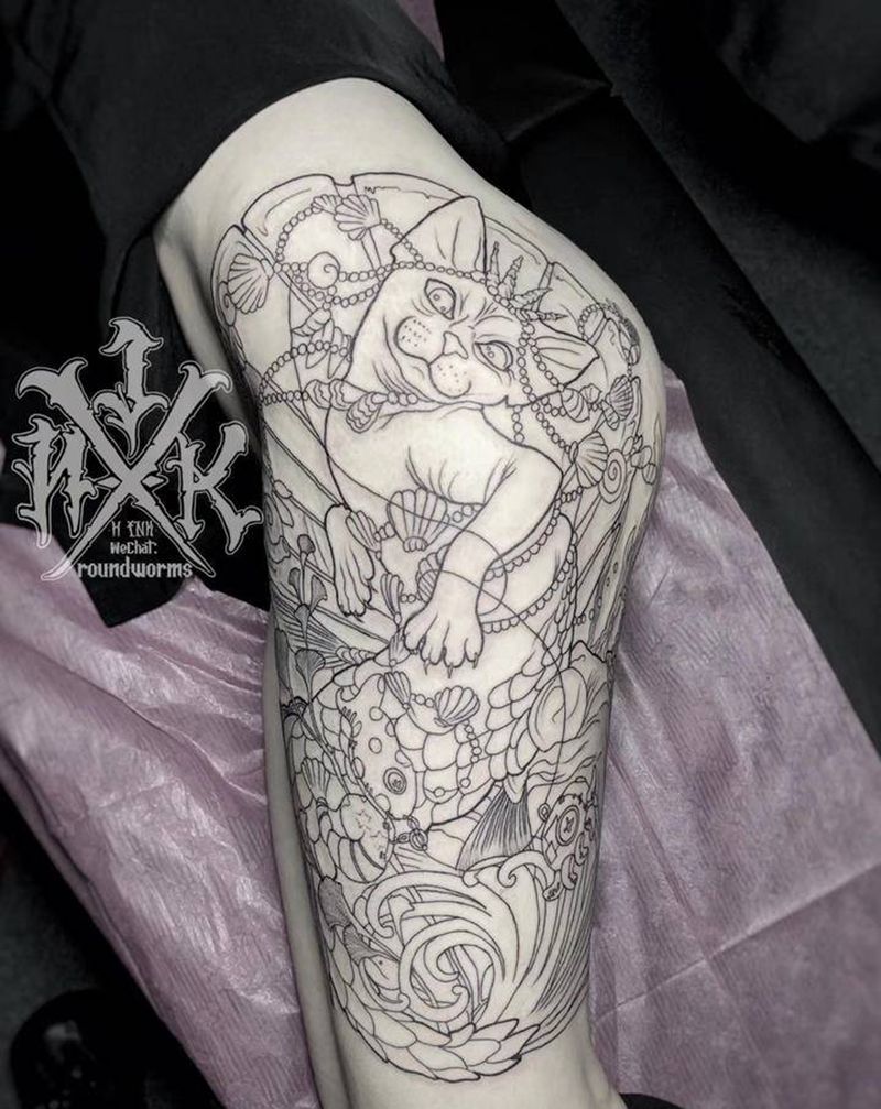 大腿  割线  无毛猫纹身图片_腿部New School无毛猫大腿女生纹身图案