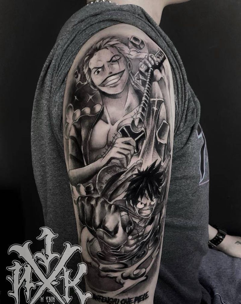 大臂 海贼王 路飞 索隆纹身图片_手臂New School海贼王路飞索隆纹身图案