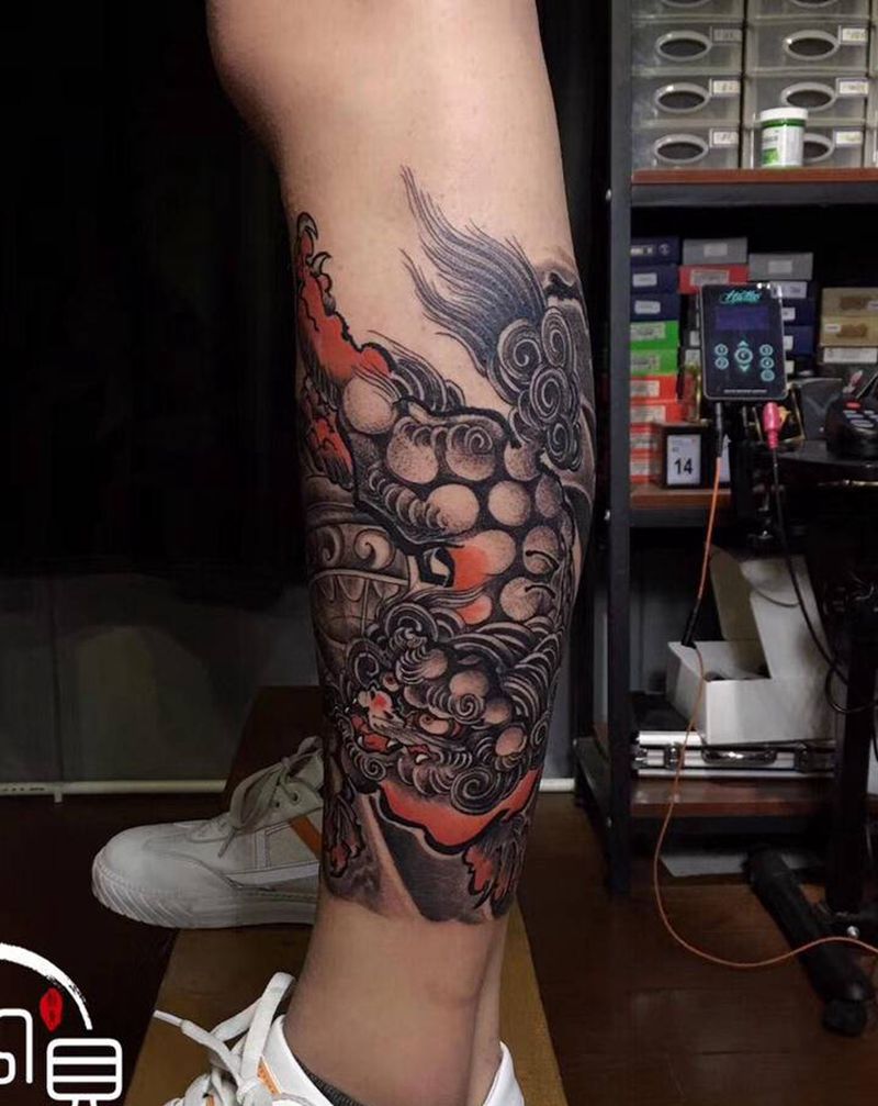 唐狮【传统】纹身图片_腿部纹身图案