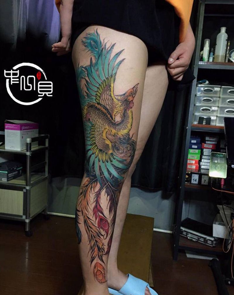 凤凰【遮盖胎记】纹身图片_腿部纹身图案