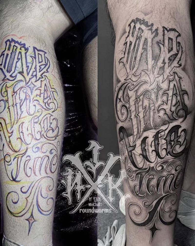 奇卡诺花体字 小腿外侧面纹身图片_腿部花体字奇卡诺小腿freehand纹身图案