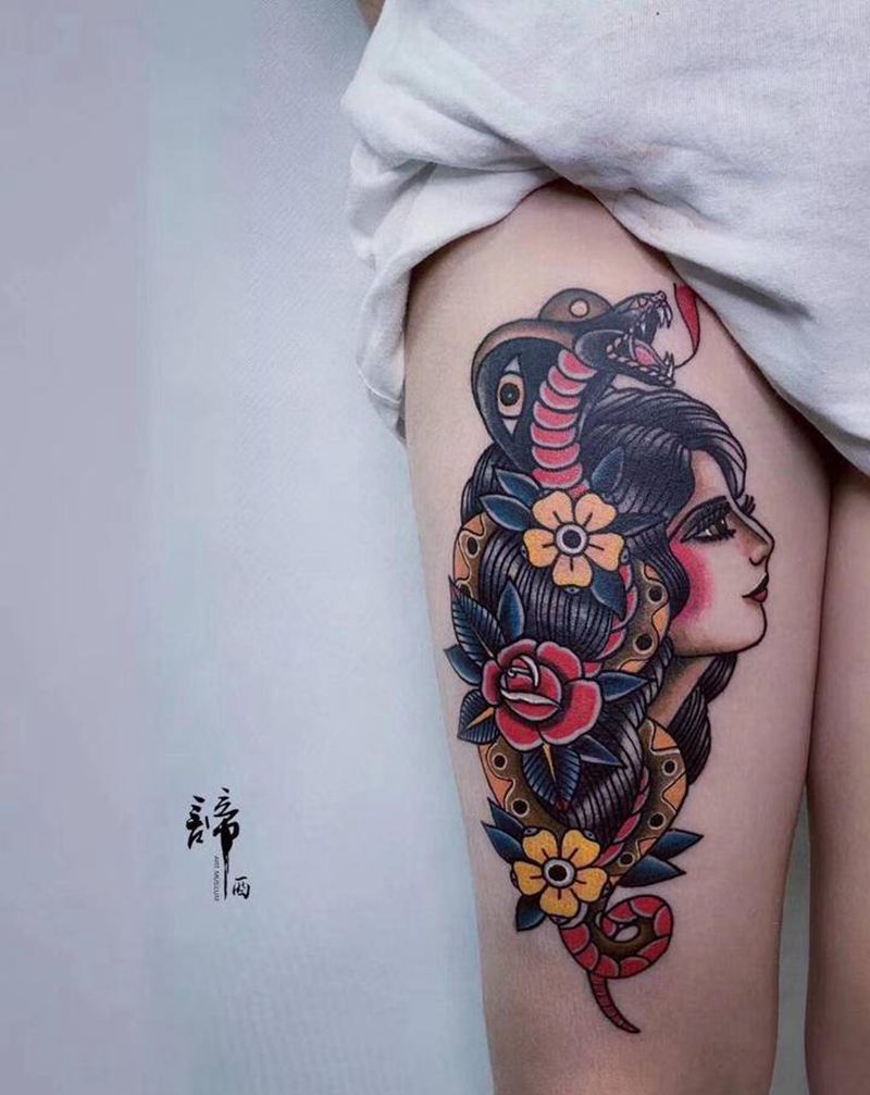 浓浓的school纹身图片_腿部Old School纹身图案