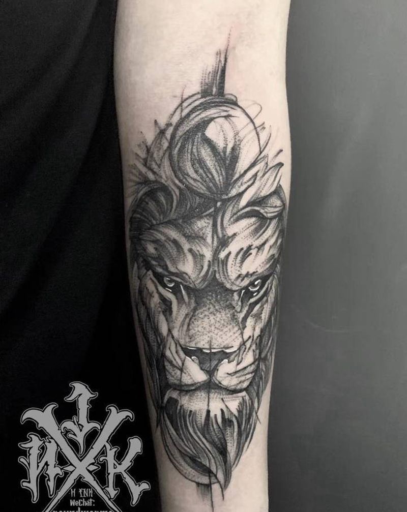 手臂 点线狮子头纹身图片_手臂点刺水墨狮子点线暗黑纹身图案