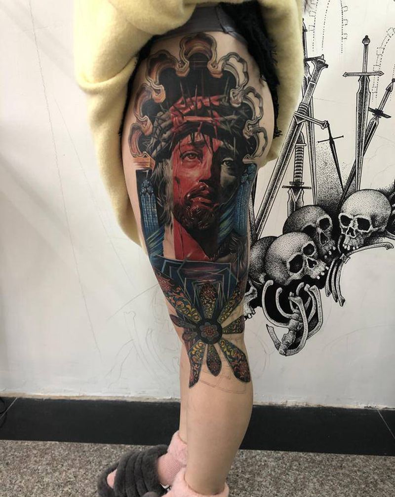 花腿纹身图片_腿部欧美写实纹身图案