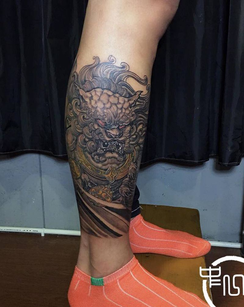 唐狮纹身图片_腿部纹身图案