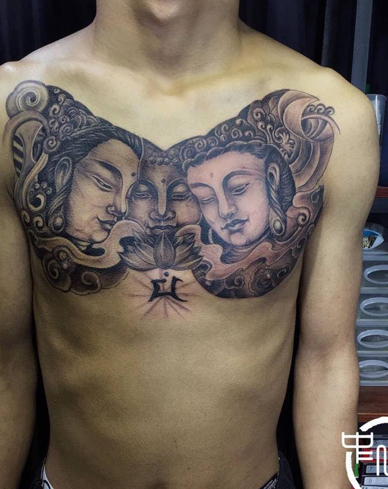 三面佛纹身图片_胸部纹身图案