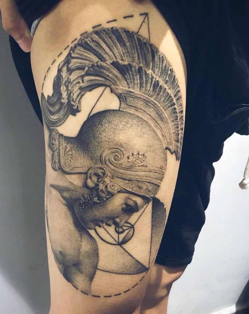 战神阿瑞斯纹身图片_腿部欧美写实点刺纹身图案