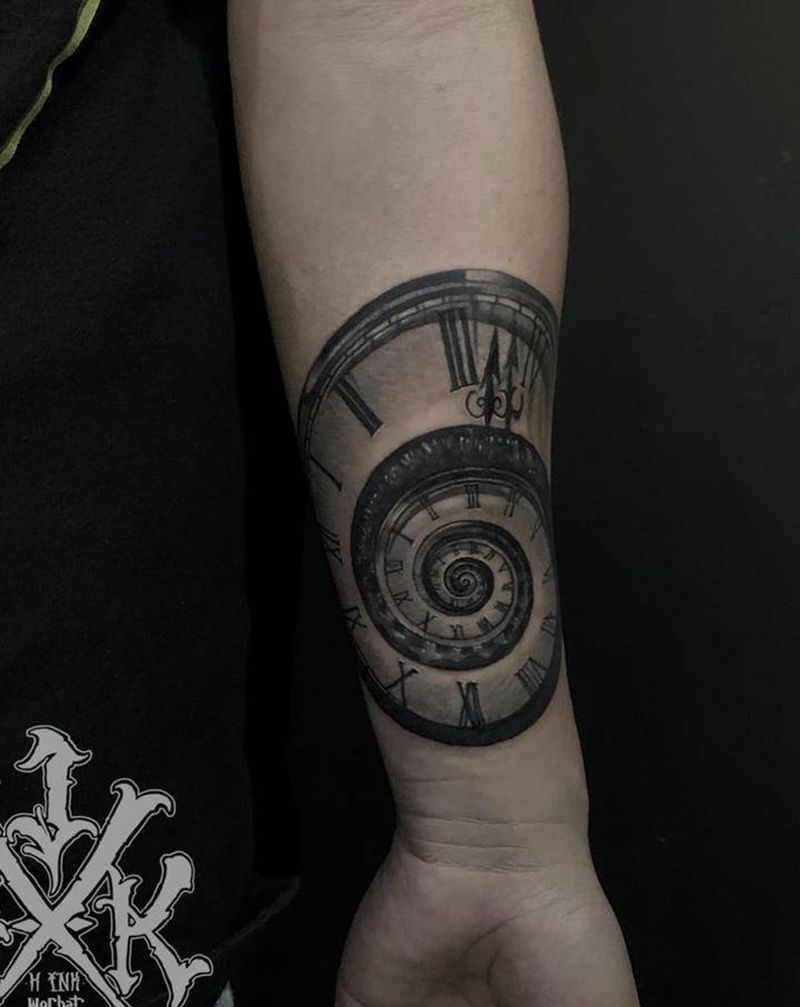 小臂 写实 钟表纹身图片_手臂欧美写实暗黑钟表表盘纹身图案