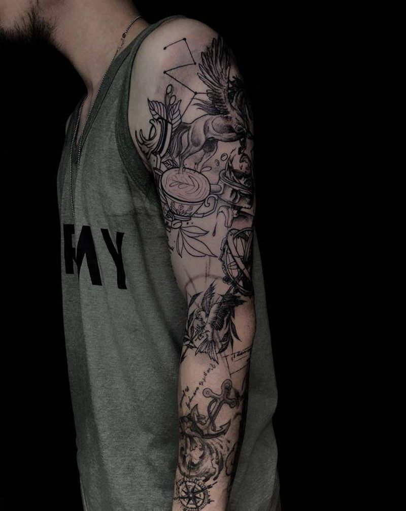 凯哥花臂慢慢拼纹身图片_手臂Old School纹身图案