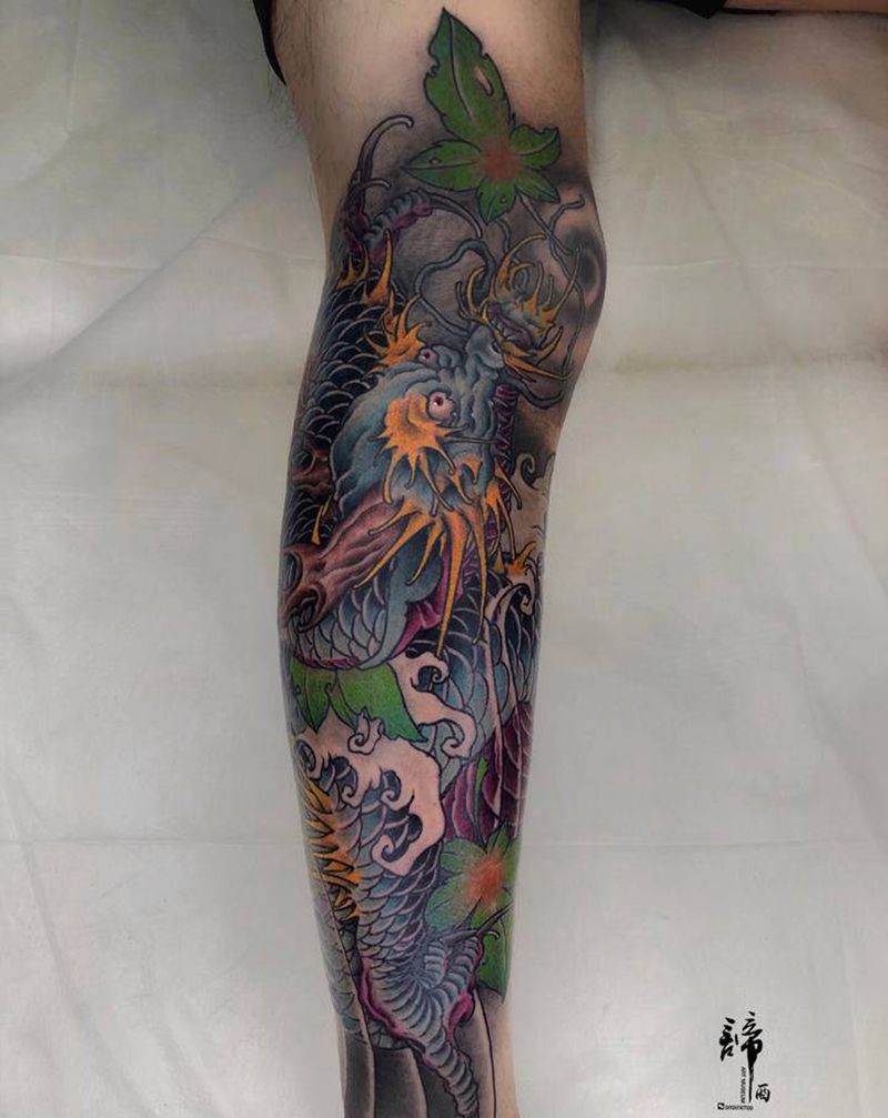 新传统小腿龙纹身图片_腿部新传统纹身图案