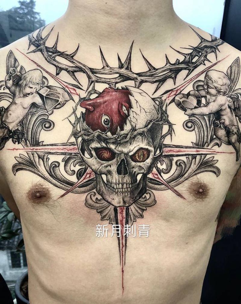 霸王之卵纹身图片_胸部欧美写实点刺纹身图案