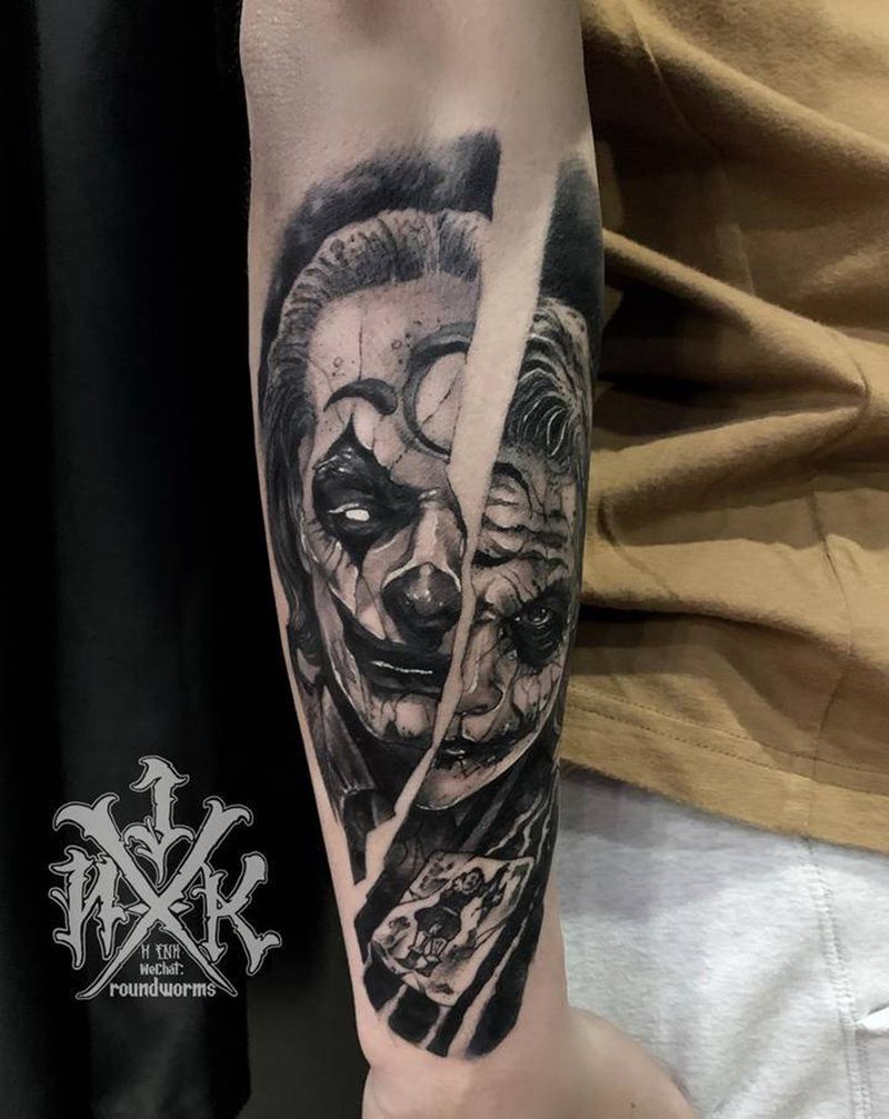 小臂 暗黑写实 小丑纹身图片_手臂欧美写实小丑joker暗黑纹身图案