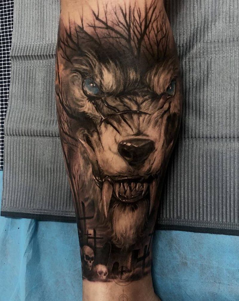 狼头纹身图片_腿部欧美写实纹身图案
