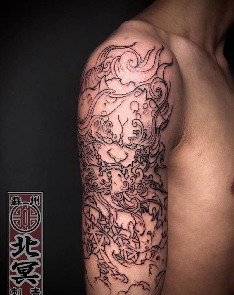 线条唐狮子纹身图片_新传统纹身图案