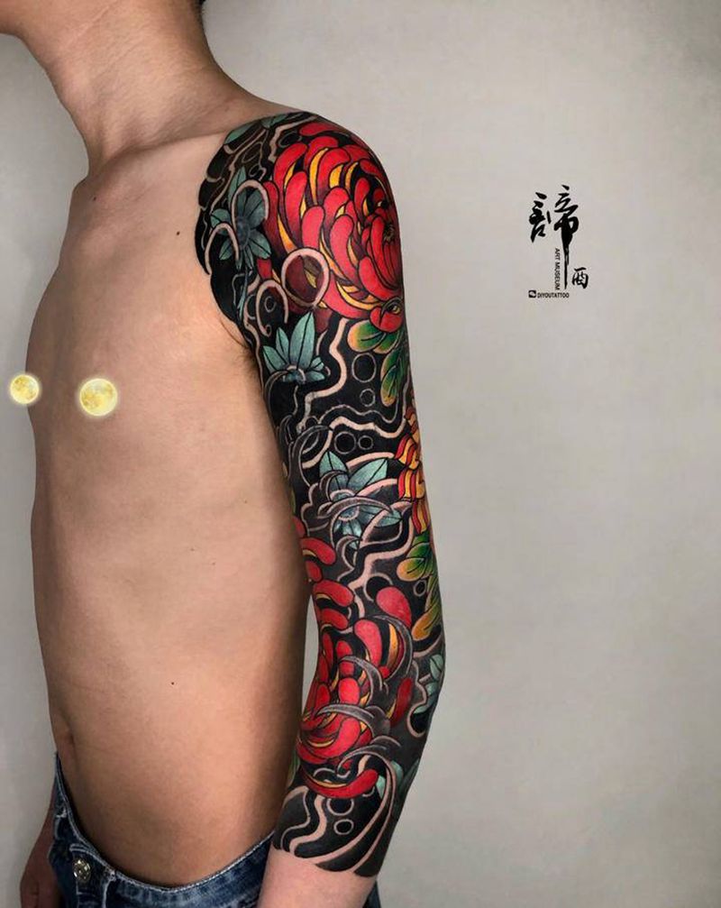 老传统花臂菊花枫叶