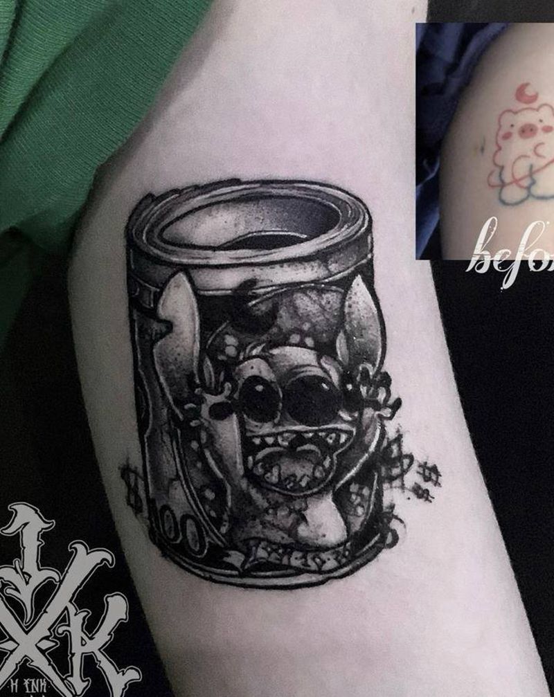 大臂遮盖 暗黑 史迪仔 美钞纹身图片_欧美写实New School史迪仔美钞暗黑纹身图案