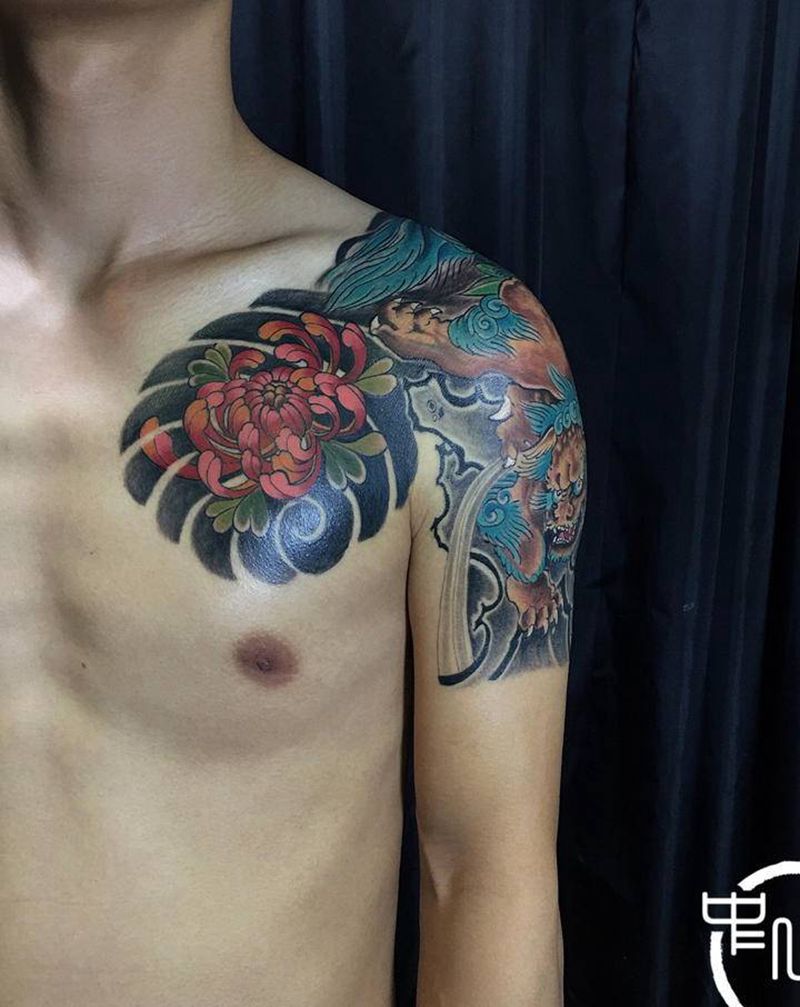 唐狮【传统】纹身图片_胸部手臂纹身图案