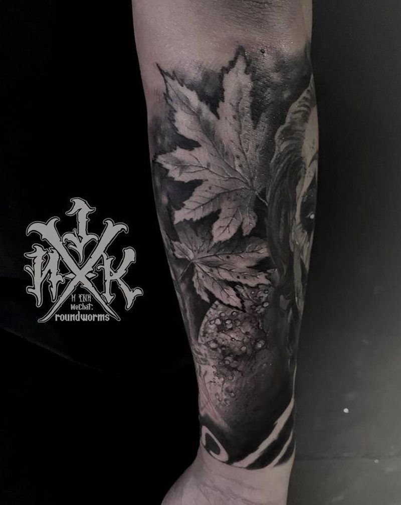 小臂 暗黑 枫叶 星球纹身图片_手臂欧美写实枫叶星球暗黑纹身图案