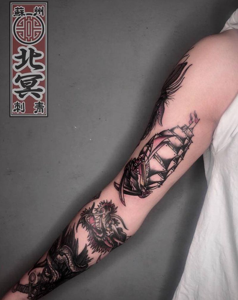 school花臂拼接纹身图片_手臂Old School纹身图案